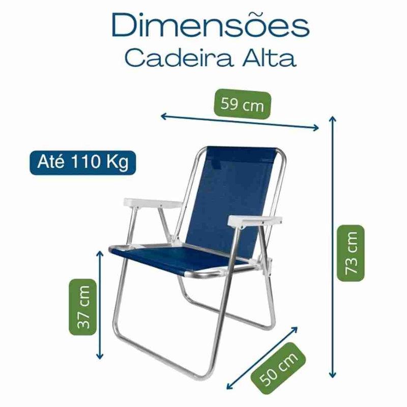 Kit 4 Cadeiras de Praia Alta em Alumínio, até 110kg, Azul Marinho, para Camping, Piscina, Praia, Jardim, Exterior