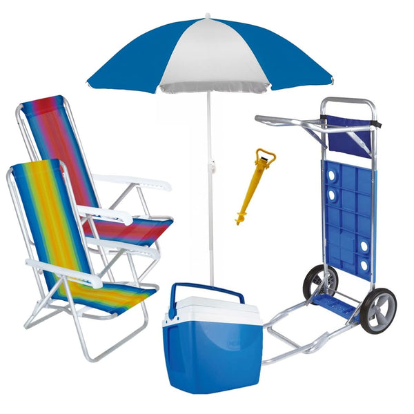 Kit Praia Carrinho Com Avanço + 2 Cadeira Reclinável + Guarda Sol 1,8m + Caixa Térmica + Saca Areia - Mor - Azul